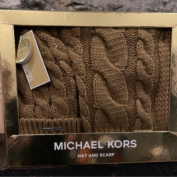 Michael Kors Accessories - Michael Kors Tan Cable Knit Hat and Scarf Set